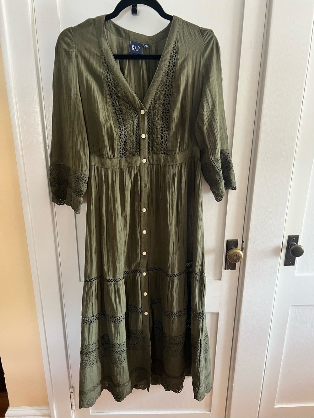 GAP Olive Button-Down Maxi Dress with Lace Insets